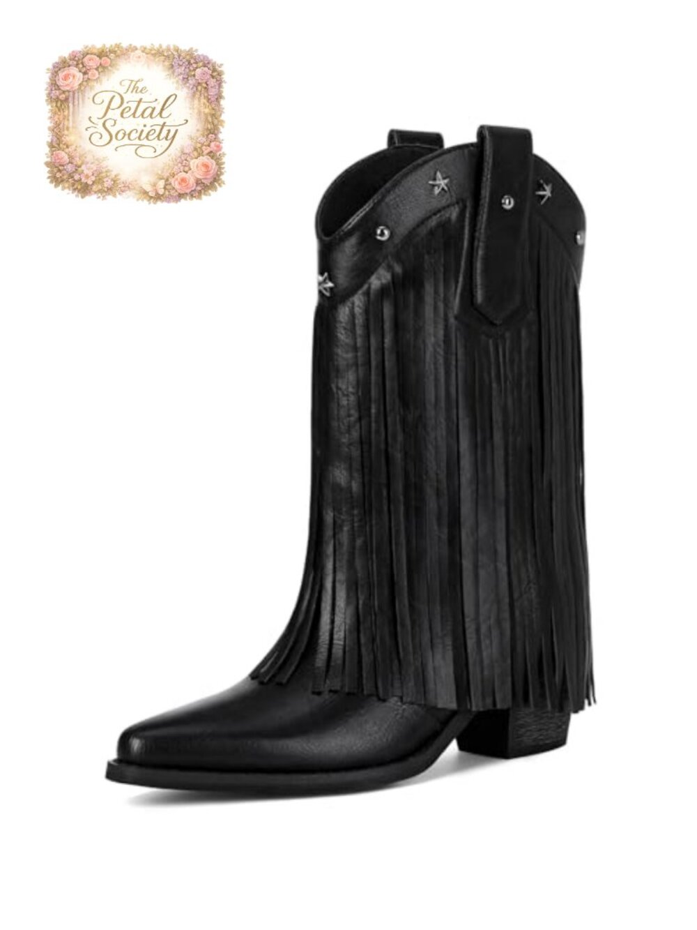 Fringe Cowboy Boots Women Mid Calf Star Studded Pointed Toe Chunky Heel